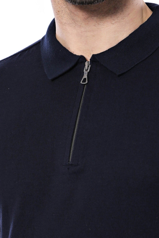 Polo Neck Plain Navy Blue Knitted T-Shirt | Wessi