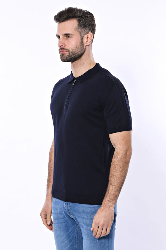 Polo Neck Plain Navy Blue Knitted T-Shirt | Wessi