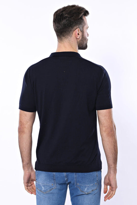 Polo Neck Plain Navy Blue Knitted T-Shirt | Wessi