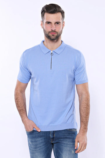 Polo Neck Plain Sky Blue Knitted T-Shirt | Wessi