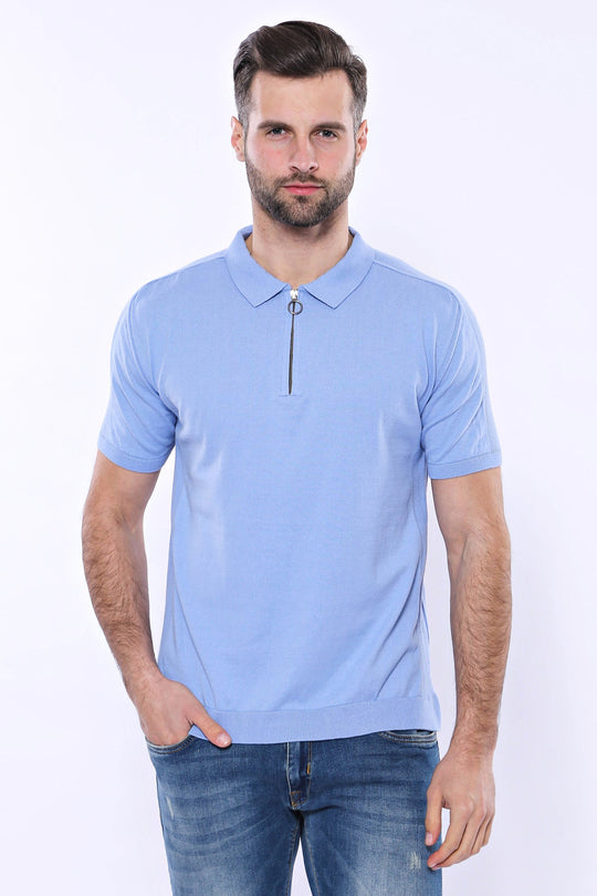 Polo Neck Plain Sky Blue Knitted T-Shirt | Wessi