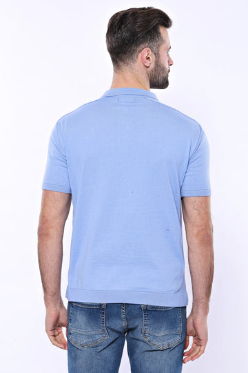 Polo Neck Plain Sky Blue Knitted T-Shirt | Wessi