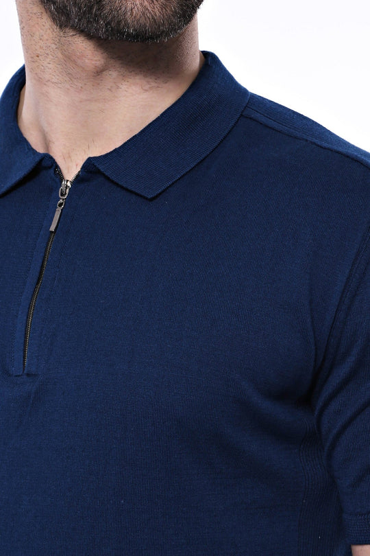 Polo Neck Plain Parliament Blue Knitted T-Shirt | Wessi