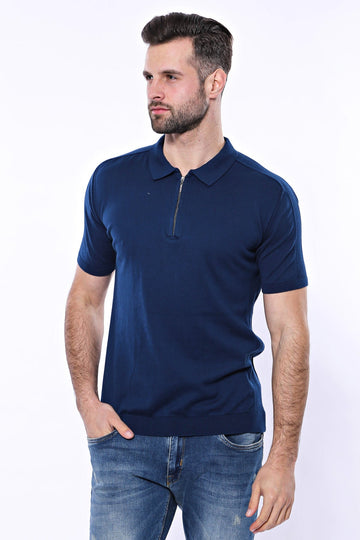 Polo Neck Plain Parliament Blue Knitted T-Shirt | Wessi