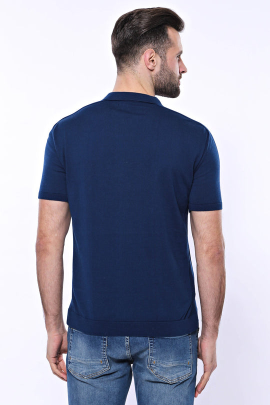Polo Neck Plain Parliament Blue Knitted T-Shirt | Wessi