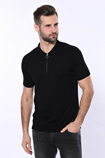 Polo Neck Plain Black Knitted T-Shirt | Wessi