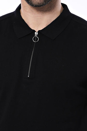 Polo Neck Plain Black Knitted T-Shirt | Wessi