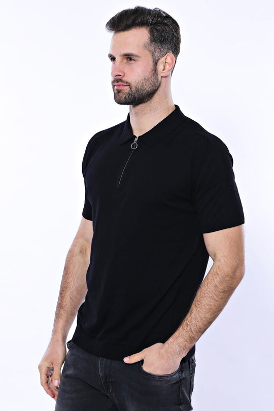 Polo Neck Plain Black Knitted T-Shirt | Wessi