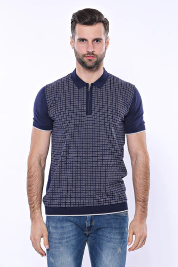 Slim Fit Navy Blue Plaid Knitted Polo Zip-Neck T-Shirt — Wessi