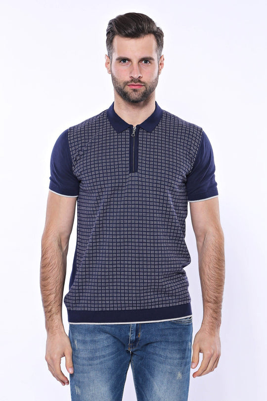 Slim Fit Navy Blue Plaid Knitted Polo Zip-Neck T-Shirt — Wessi