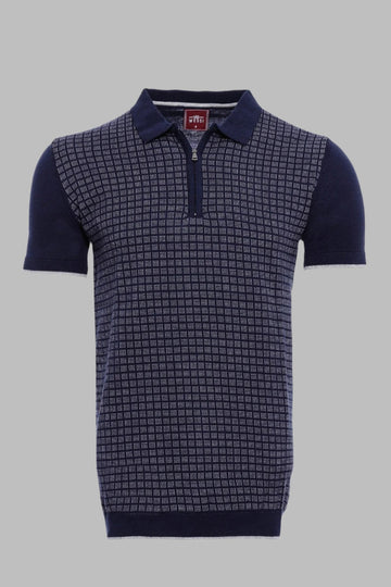 Slim Fit Navy Blue Plaid Knitted Polo Zip-Neck T-Shirt — Wessi