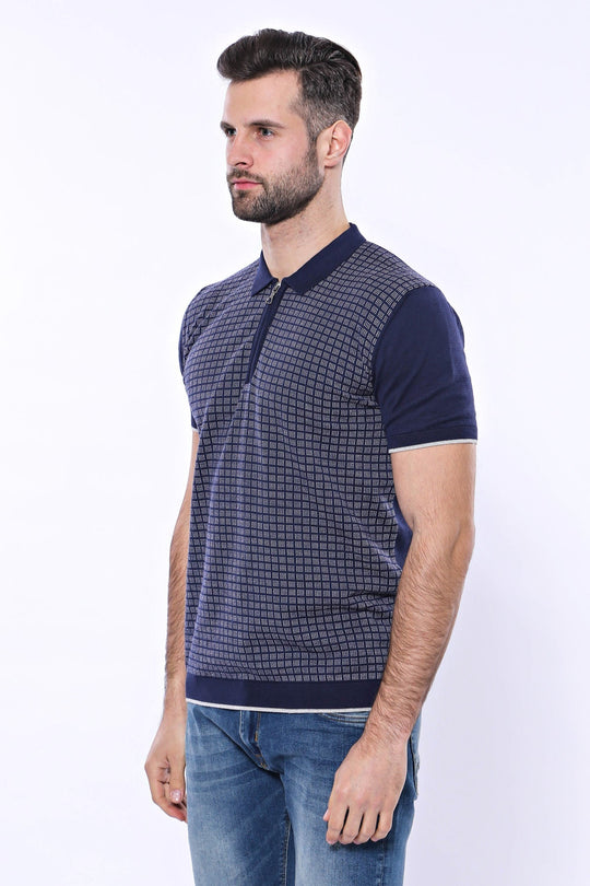 Slim Fit Navy Blue Plaid Knitted Polo Zip-Neck T-Shirt — Wessi