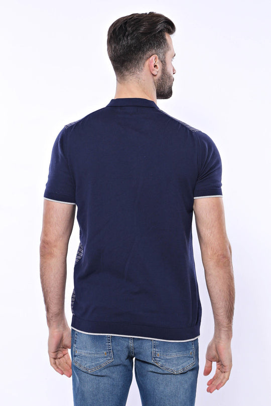 Slim Fit Navy Blue Plaid Knitted Polo Zip-Neck T-Shirt — Wessi