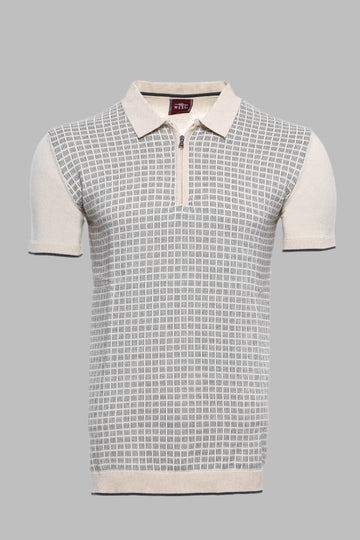 Slim Fit Cream Plaid Knitted Polo Zip-Neck T-Shirt — Wessi