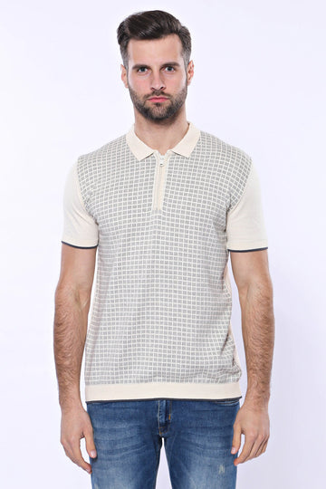 Slim Fit Cream Plaid Knitted Polo Zip-Neck T-Shirt — Wessi