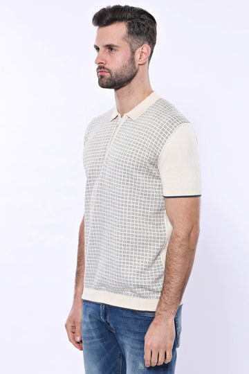 Slim Fit Cream Plaid Knitted Polo Zip-Neck T-Shirt — Wessi