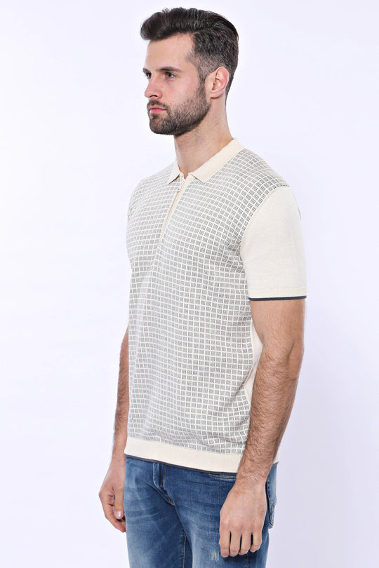 Slim Fit Cream Plaid Knitted Polo Zip-Neck T-Shirt — Wessi