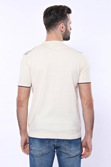 Slim Fit Cream Plaid Knitted Polo Zip-Neck T-Shirt — Wessi