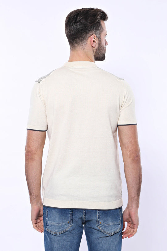 Slim Fit Cream Plaid Knitted Polo Zip-Neck T-Shirt — Wessi