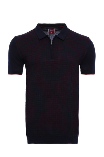 Slim Fit Dark Navy Plaid Knitted Polo Zip-Neck T-Shirt — Wessi