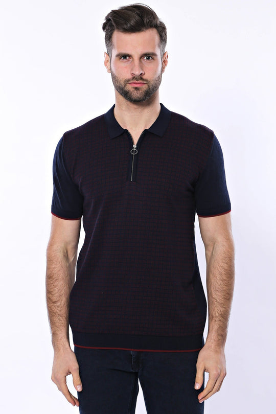 Slim Fit Dark Navy Plaid Knitted Polo Zip-Neck T-Shirt — Wessi