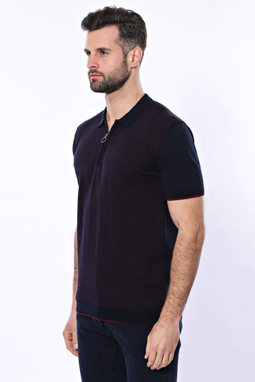Slim Fit Dark Navy Plaid Knitted Polo Zip-Neck T-Shirt — Wessi