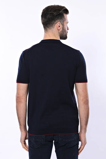Slim Fit Dark Navy Plaid Knitted Polo Zip-Neck T-Shirt — Wessi