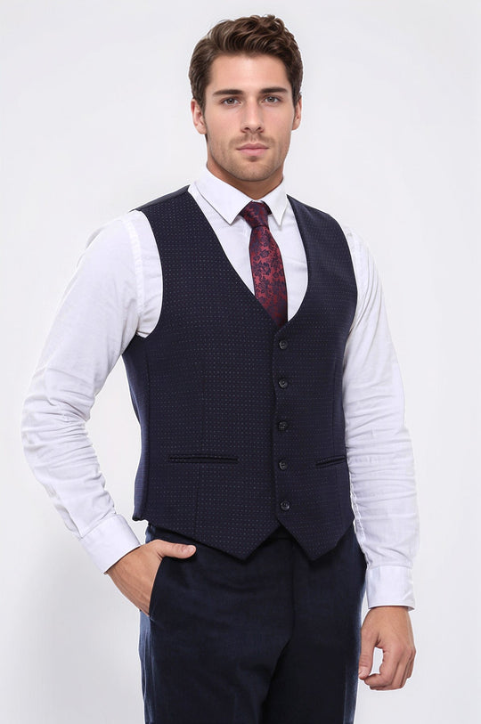 Dark Blue Slim Fit Dot Patterned V-Neck Waistcoat – Wessi