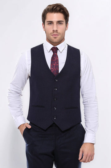 Dark Blue Slim Fit Dot Patterned V-Neck Waistcoat – Wessi