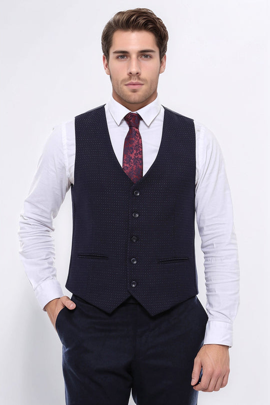 Dark Blue Slim Fit Dot Patterned V-Neck Waistcoat – Wessi