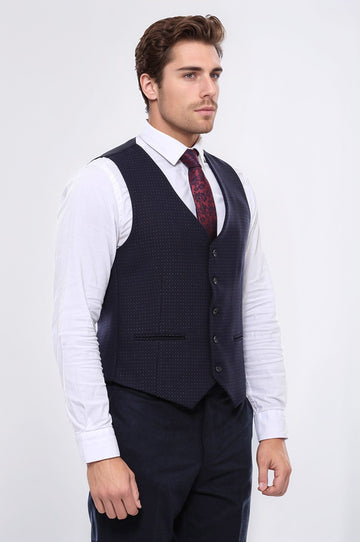 Dark Blue Slim Fit Dot Patterned V-Neck Waistcoat – Wessi