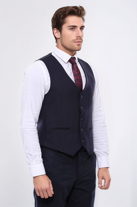 Dark Blue Slim Fit Dot Patterned V-Neck Waistcoat – Wessi