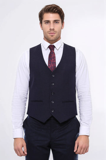 Dark Blue Slim Fit Dot Patterned V-Neck Waistcoat – Wessi