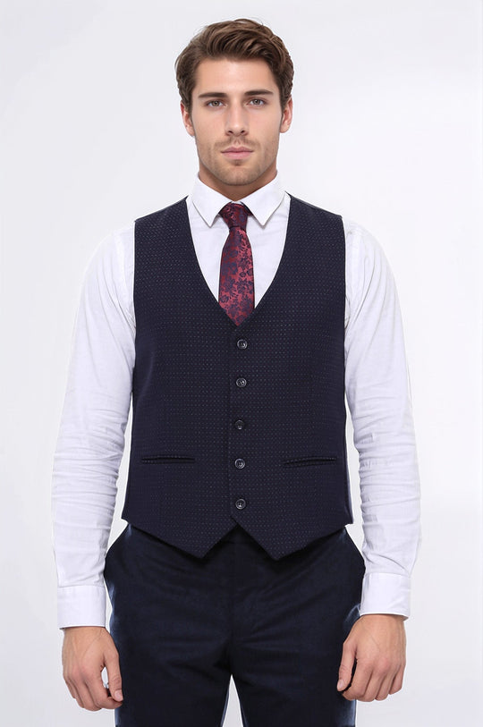 Dark Blue Slim Fit Dot Patterned V-Neck Waistcoat – Wessi
