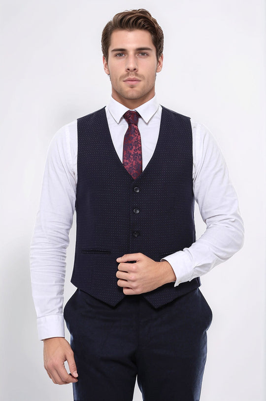 Dark Blue Slim Fit Dot Patterned V-Neck Waistcoat – Wessi