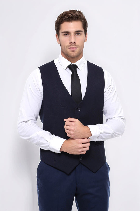 Navy Blue Slim Fit Patterned V-Neck Waistcoat – Wessi