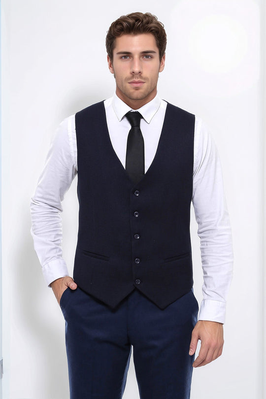 Navy Blue Slim Fit Patterned V-Neck Waistcoat – Wessi