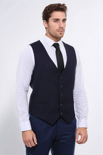 Navy Blue Slim Fit Patterned V-Neck Waistcoat – Wessi