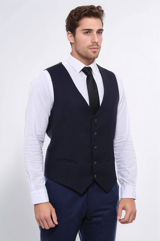 Navy Blue Slim Fit Patterned V-Neck Waistcoat – Wessi
