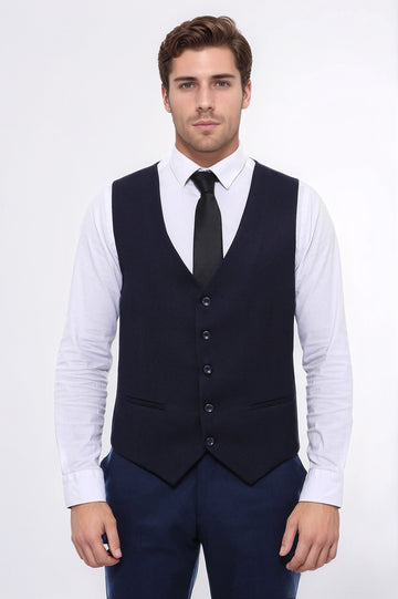 Navy Blue Slim Fit Patterned V-Neck Waistcoat – Wessi