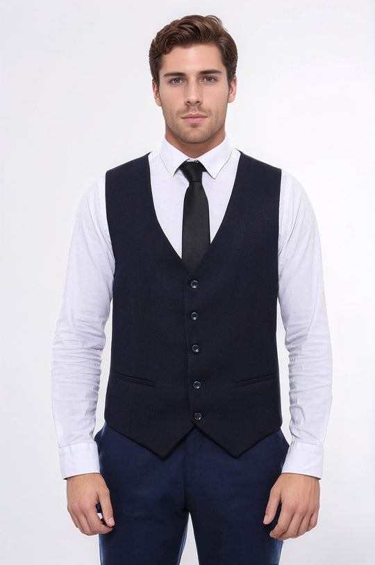 Navy Blue Slim Fit Patterned V-Neck Waistcoat – Wessi