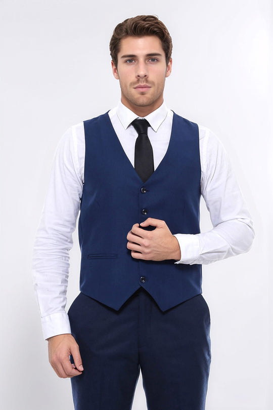 Sky Blue Slim Fit Plain V-Neck Waistcoat – Wessi