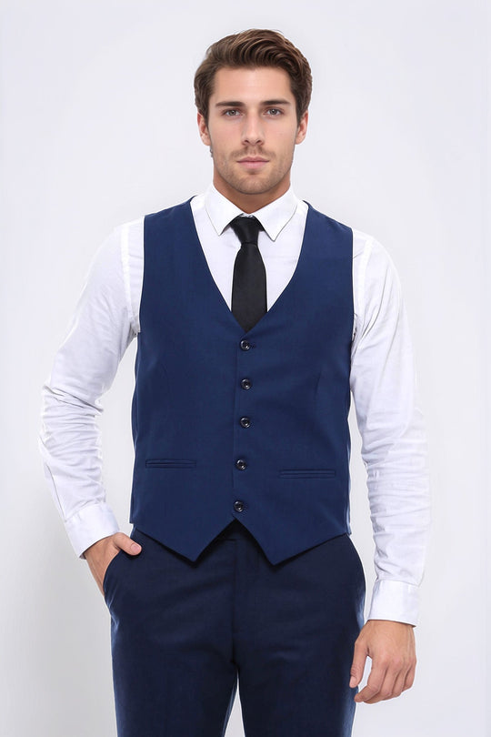 Sky Blue Slim Fit Plain V-Neck Waistcoat – Wessi