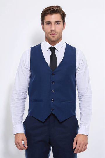 Sky Blue Slim Fit Plain V-Neck Waistcoat – Wessi
