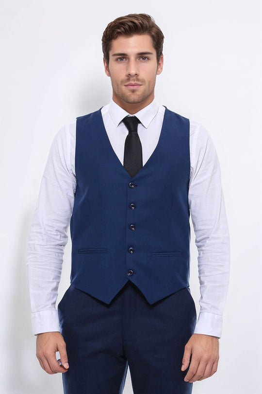 Sky Blue Slim Fit Plain V-Neck Waistcoat – Wessi