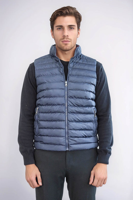 Navy Blue Slim Fit Reversible Puffer Down Vest | Wessi