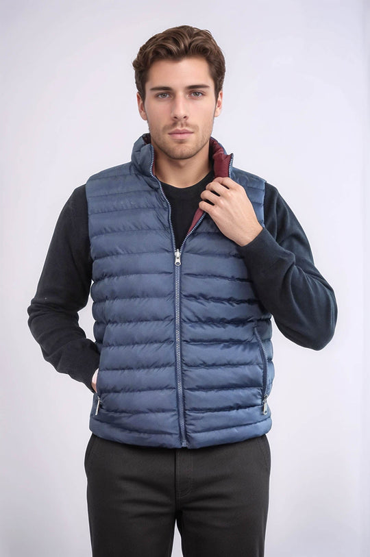Navy Blue Slim Fit Reversible Puffer Down Vest | Wessi