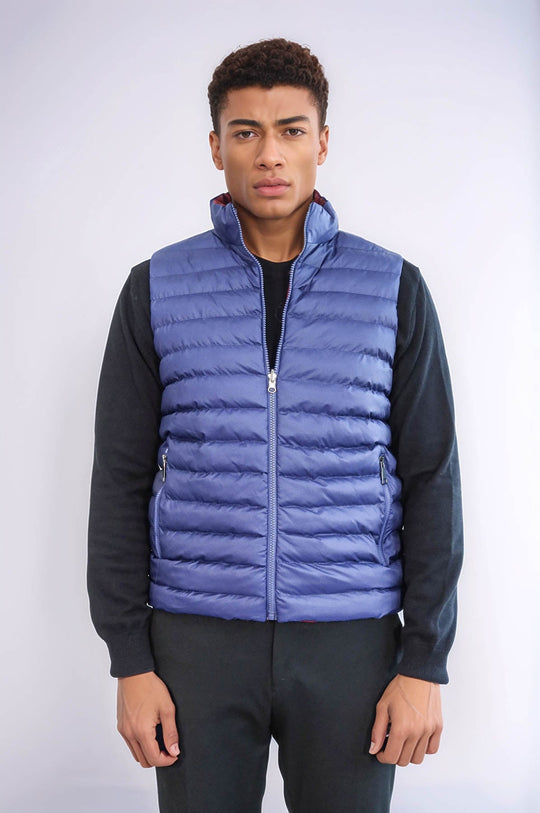 Indigo Blue Slim Fit Reversible Quilted Standing Collar Vest – Wessi