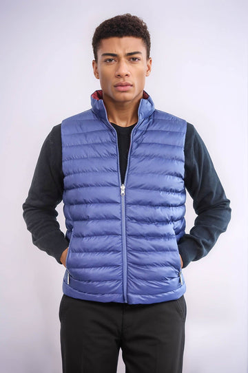 Indigo Blue Slim Fit Reversible Quilted Standing Collar Vest – Wessi