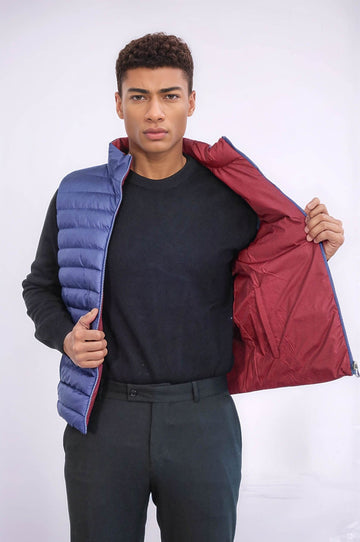 Indigo Blue Slim Fit Reversible Quilted Standing Collar Vest – Wessi